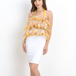 HESPERUS / Sheer Ruffled Embroidered Halter Top